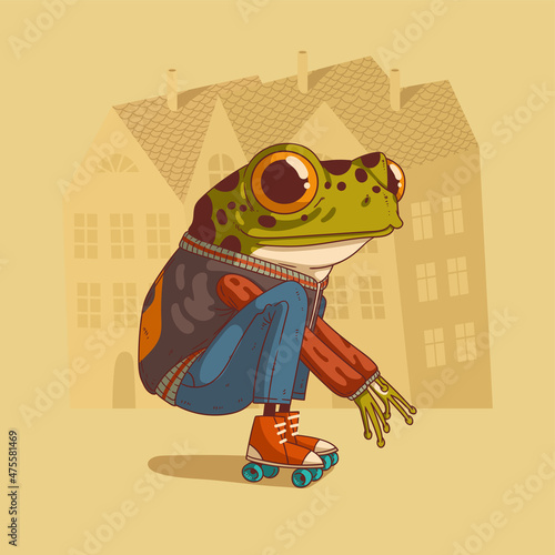 Roller frog, vector illustration. Trendy dressed anthropomorphic frog, wearing retro roller skates, sitting on his haunches against buildings' silhouettes. Animal character with human body. Furry