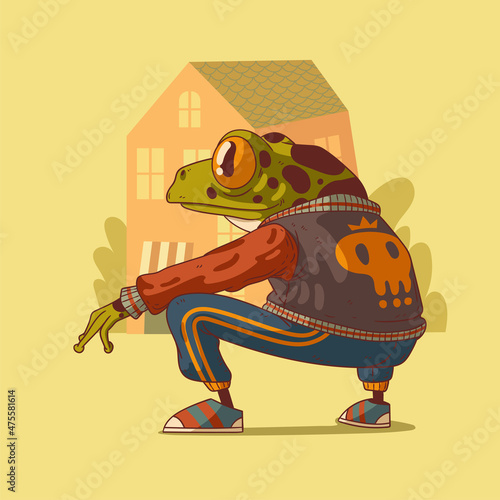 Thug frog, vector illustration. Back view of cool trendy dressed anthropomorphic frog, sitting gravely on his haunches against building's silhouette. Animal character with human body. Furry