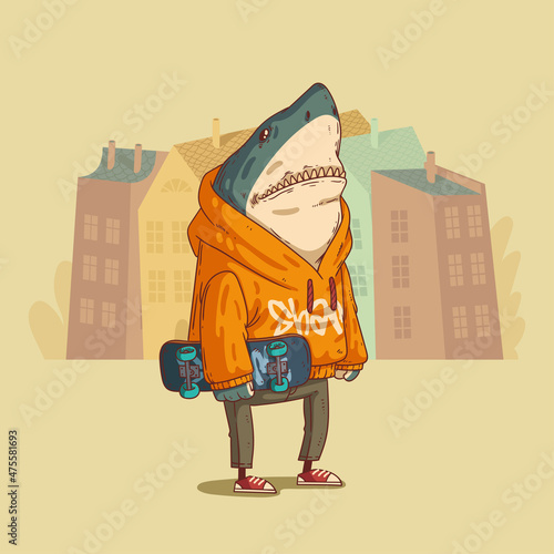 Calm hipster frog on a bike, vector illustration. Anthropomorphic frog. Cheerful trendy dressed frog riding a chopper bicycle against town buildings. Animal character with human body. Furry artwork