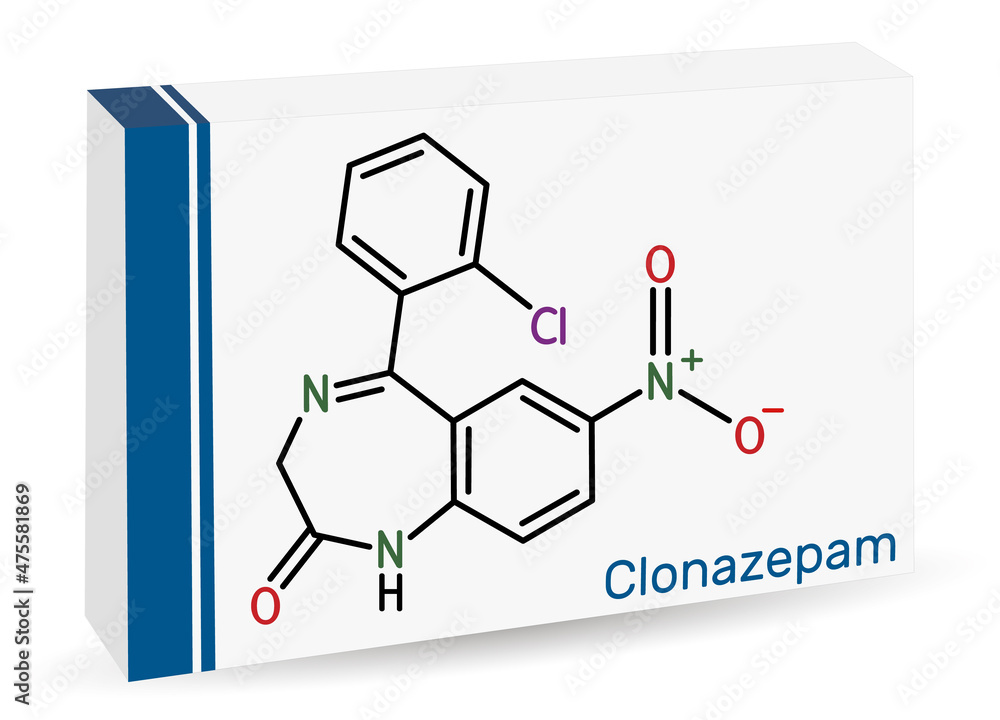 Clonazepam molecule. It is benzodiazepine, anticonvulsant, used to ...