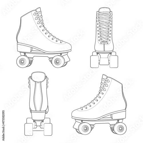 Set of black and white images with rollers, roller quads. Isolated vector objects on a white background.