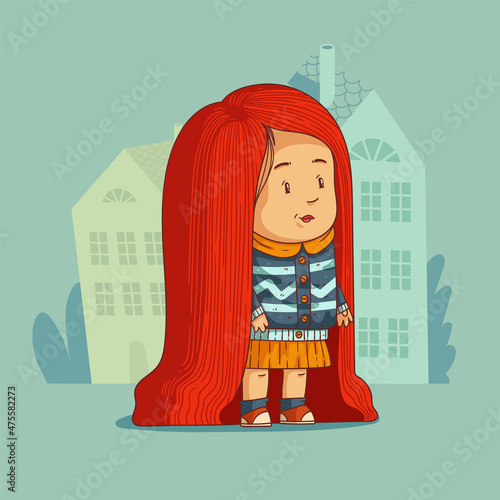 Lovely ginger child, vector illustration. Beautiful little girl with long red hair and delighted face standing against buildings' silhouettes. Cartoon child character, nice toddler, cute kid