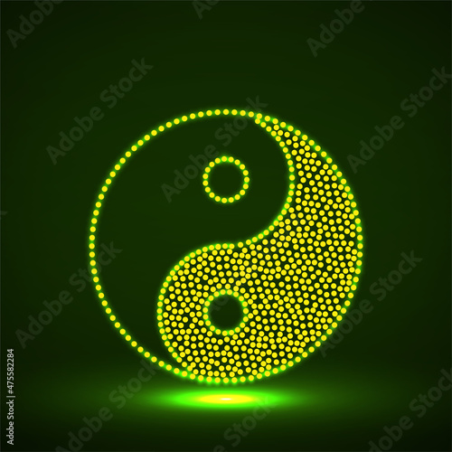 Abstract neon symbol Yin yang of dots, harmony and balance. Glowing sign Yin yang harmony and balance. Vector illustration