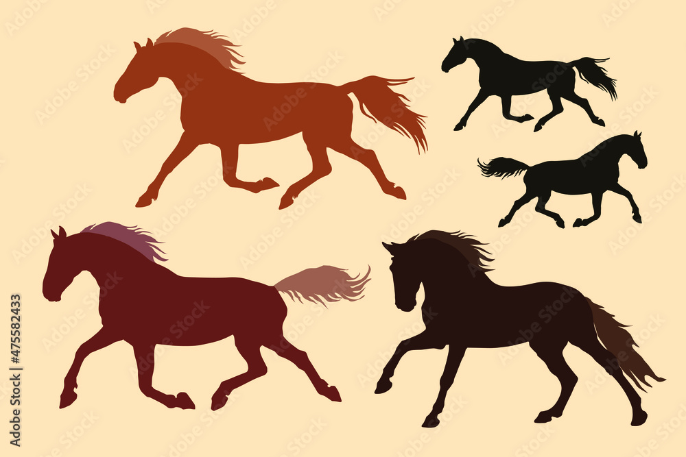 various silhouettes of running horses, trotters. isolated on a colored background.