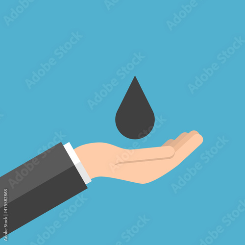 Hand holding black drop of oil, petroleum or dirty water. Industry, ecology, business, fuel, environment and greed concept. Flat design. Vector illustration. EPS 8, no gradients, no transparency