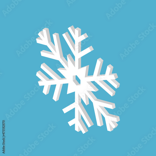 Isometric snowflake, white on blue. Winter season, cold weather, New Year, Christmas, fros and crystal concept. Flat design. Vector illustration. EPS 8, no gradients, no transparency