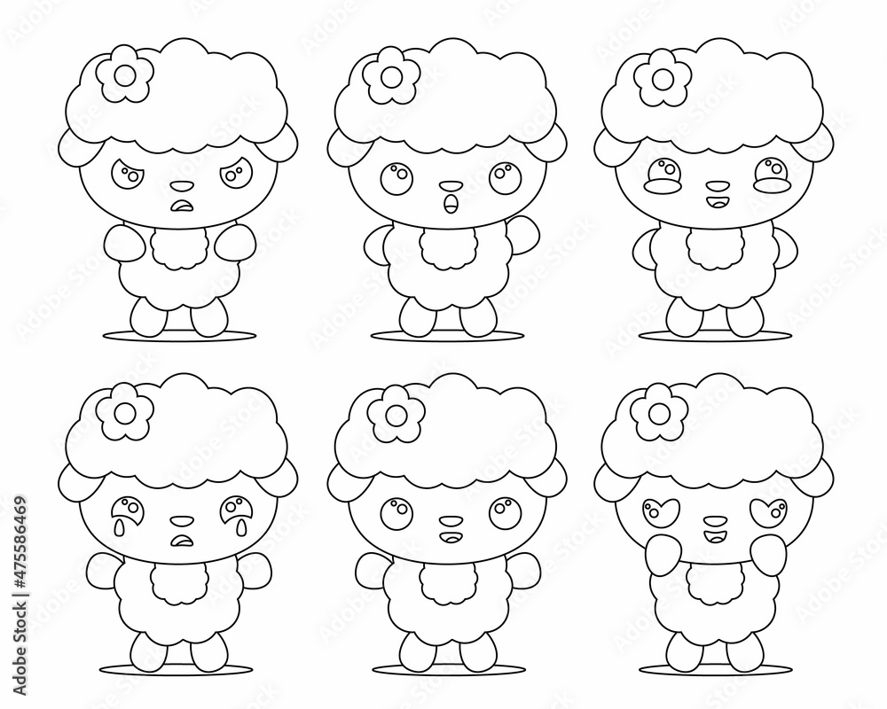 Set of linear cute sheep with different emotions Set of linear cute sheep with different emotions