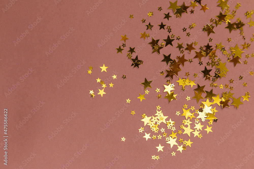 golden stars on brown background, greeting card template with empty space for text