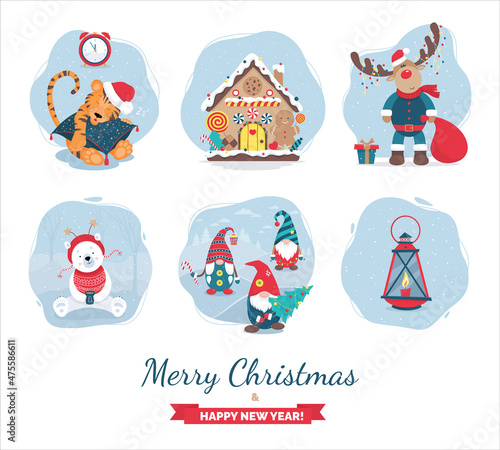 Set of Christmas Illustrations. Deer with garland. Little bear with a cup. Three funny gnomes. Gingerbread house. A little angel flies over the city. Lantern with burning candle.