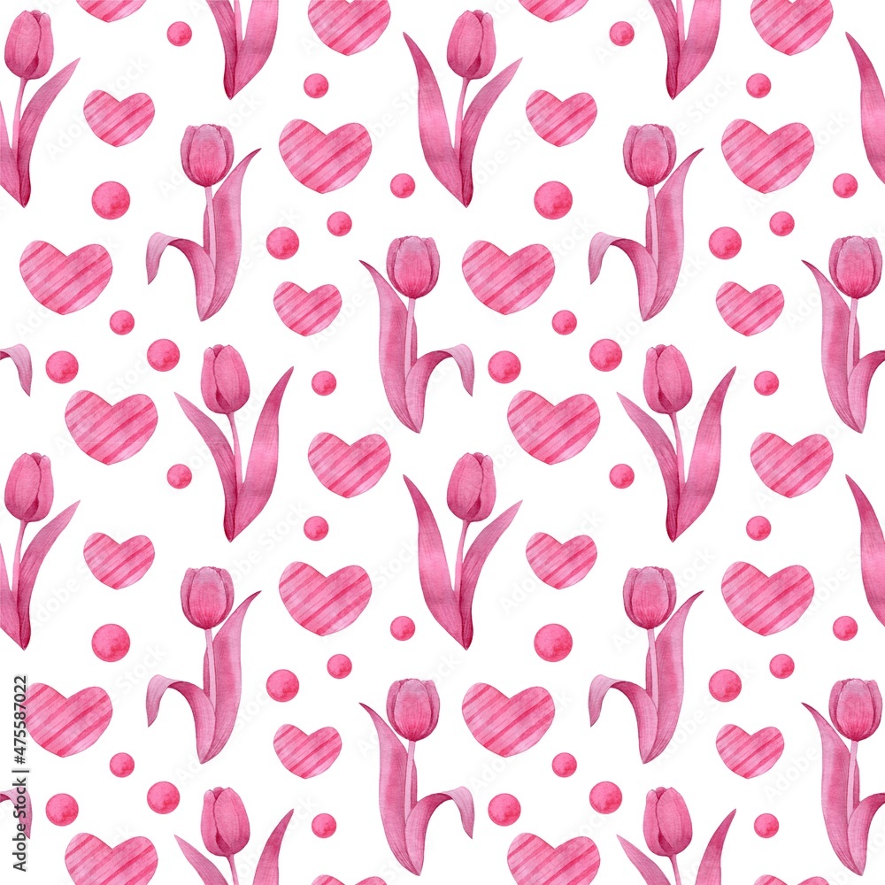 Delicate seamless pattern, pink decorative tulips with hearts on a white background, watercolor painting Delicate seamless pattern, pink decorative tulips with hearts on a white background, watercolor painting