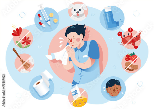 PrintAllergic concept with risk factors and symptoms. Flat vector symbols.