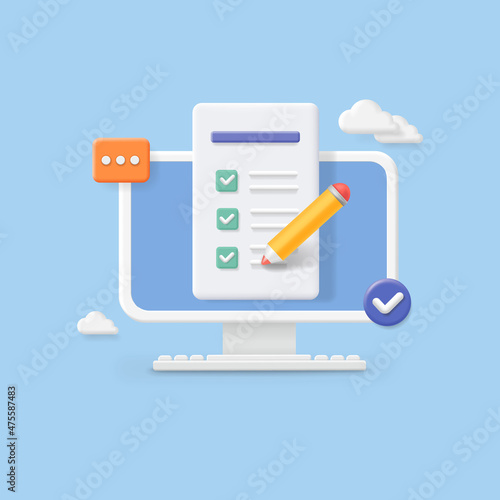 Computer and checklist, pc monitor with paper document and to do list with checkboxes, questionnaire report on screen vector 3d concept