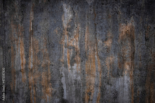 Abstract, dark wall texture background. Grey and orange color. Low key, creative, scary, moody wall. Smudges, scrathes, drips, drops. Old, aged, weathered, cracked concrete surface structure backdrop