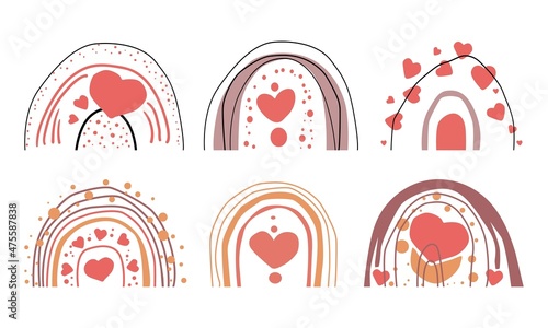 Set of different boho rainbows with hearts. Abstract minimalism. Wall decor. Design elements for book cover, page template, print, card, brochure, magazine, poster. Vector