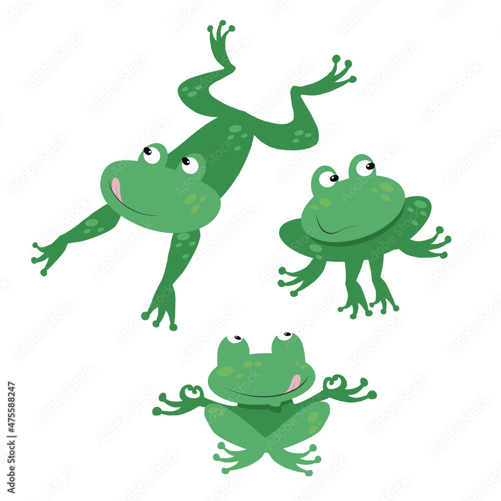 Three green smiling baby frogs. Cartoon style. Fly Hunting. Three green smiling baby frogs. Cartoon style. Fly Hunting.