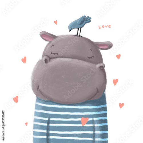 cute hippo portrait with bird and heart, watercolor style illustration, kawaii clipart with cartoon character