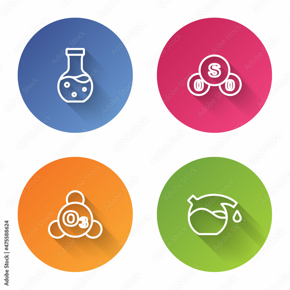 Set line Test tube, Sulfur dioxide SO2, Ozone and . Color circle button. Vector Set line Test tube, Sulfur dioxide SO2, Ozone and . Color circle button. Vector
