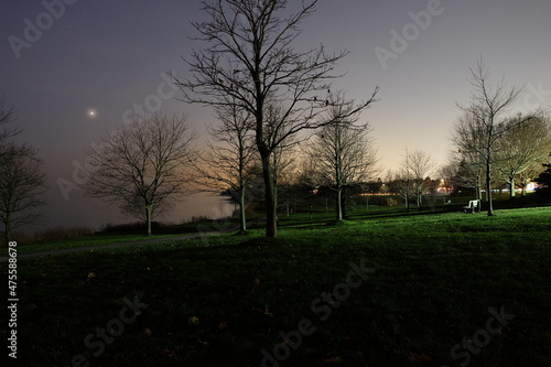 Illuminated night park next to the lakeside