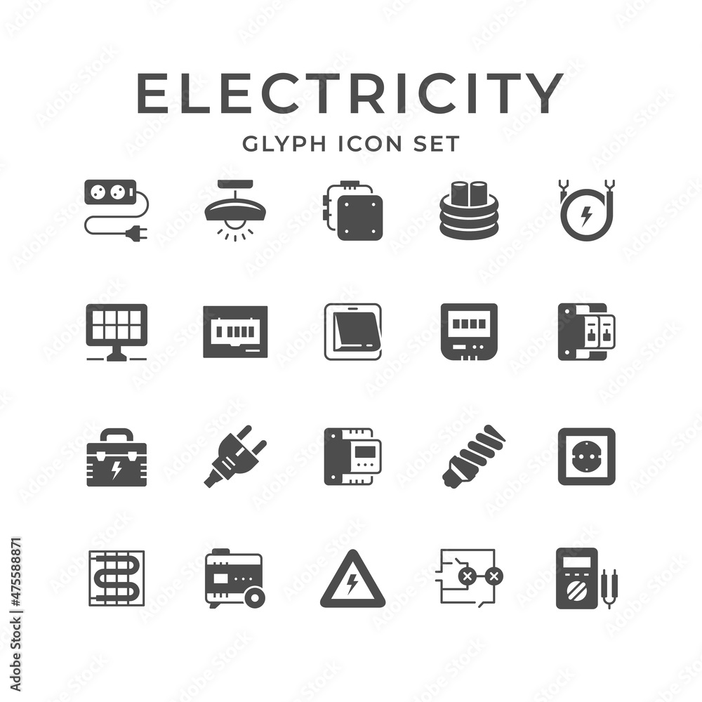 Set glyph icons of electricity Set glyph icons of electricity