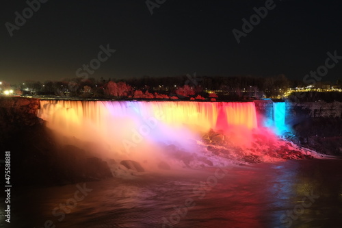 American Falls  Bridal Veil Falls  Niagara Falls at night  with light pointing at it