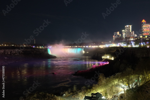 American Falls  Bridal Veil Falls  Niagara Falls at night  with light pointing at it