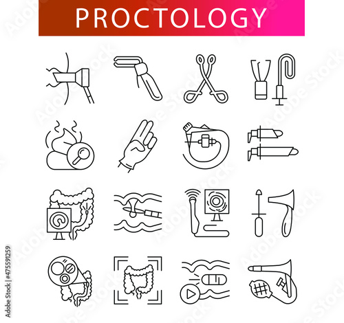 examination by a proctologist, proctologist's tools, line icon