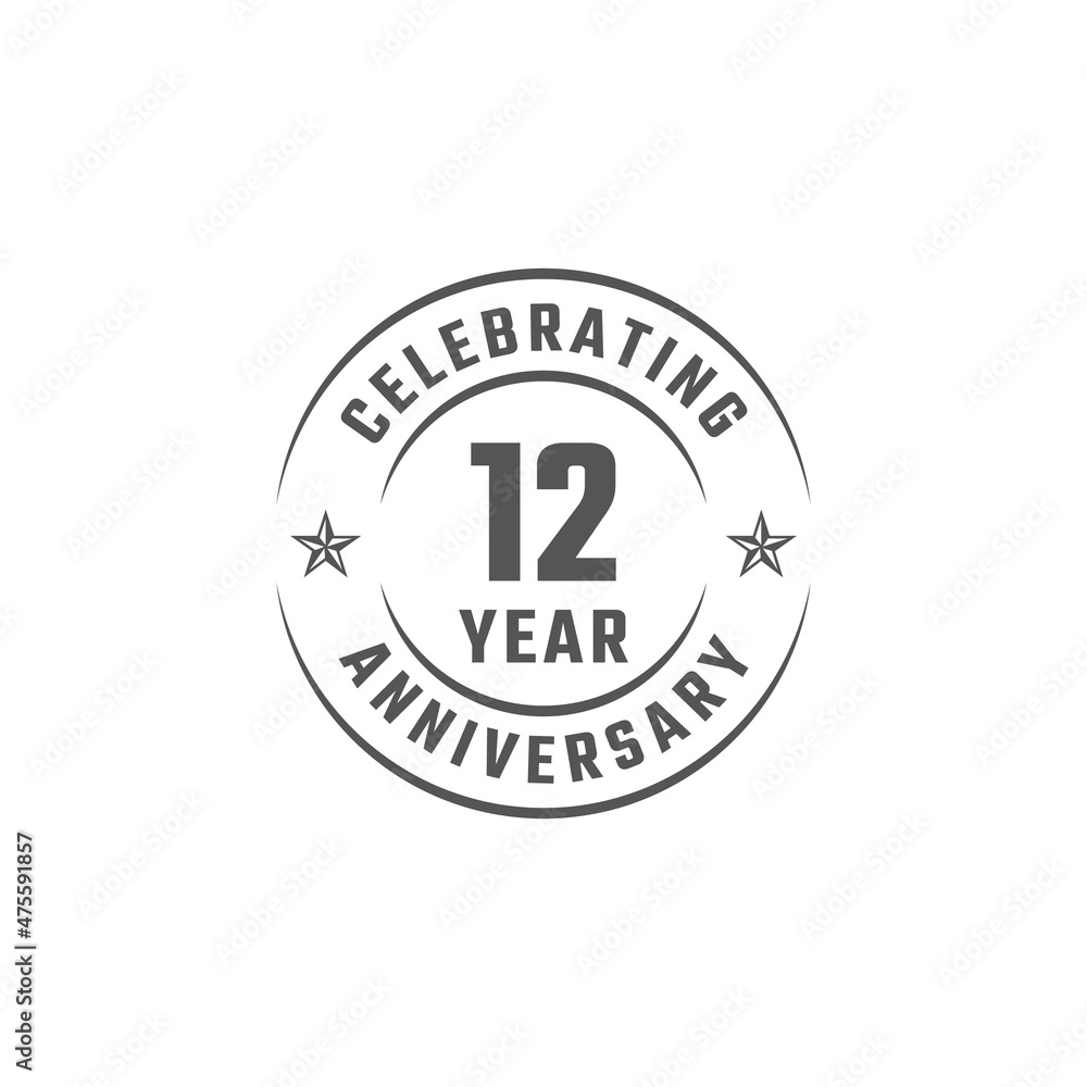 12 Year Anniversary Celebration Emblem Badge with Gray Color for Celebration Event, Wedding, Greeting card, and Invitation Isolated on White Background