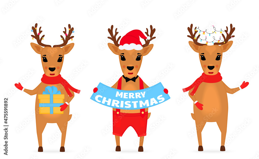 Christmas reindeer in a Santa Claus hat, in a scarf, with a garland, in shorts on suspenders Christmas reindeer in a Santa Claus hat, in a scarf, with a garland, in shorts on suspenders