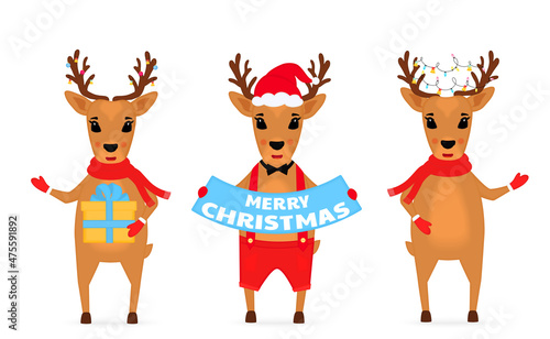 Christmas reindeer in a Santa Claus hat, in a scarf, with a garland, in shorts on suspenders