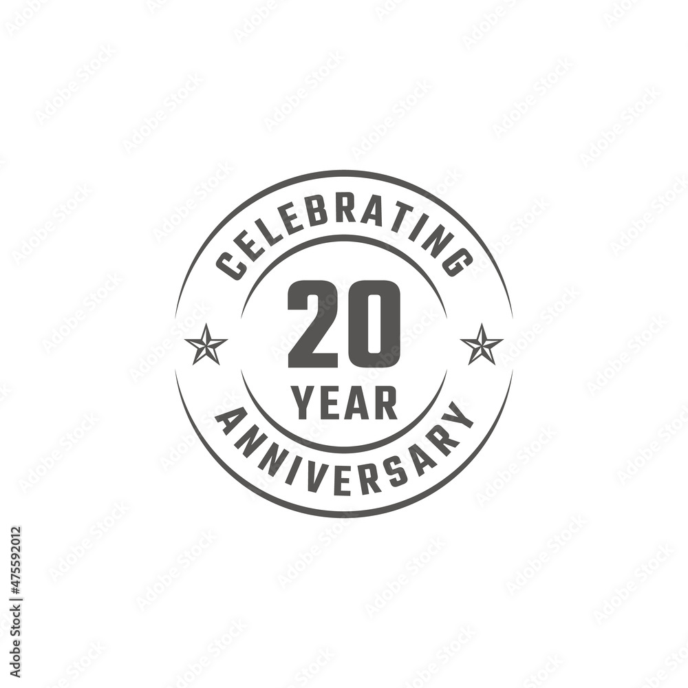 20 Year Anniversary Celebration Emblem Badge with Gray Color for Celebration Event, Wedding, Greeting card, and Invitation Isolated on White Background