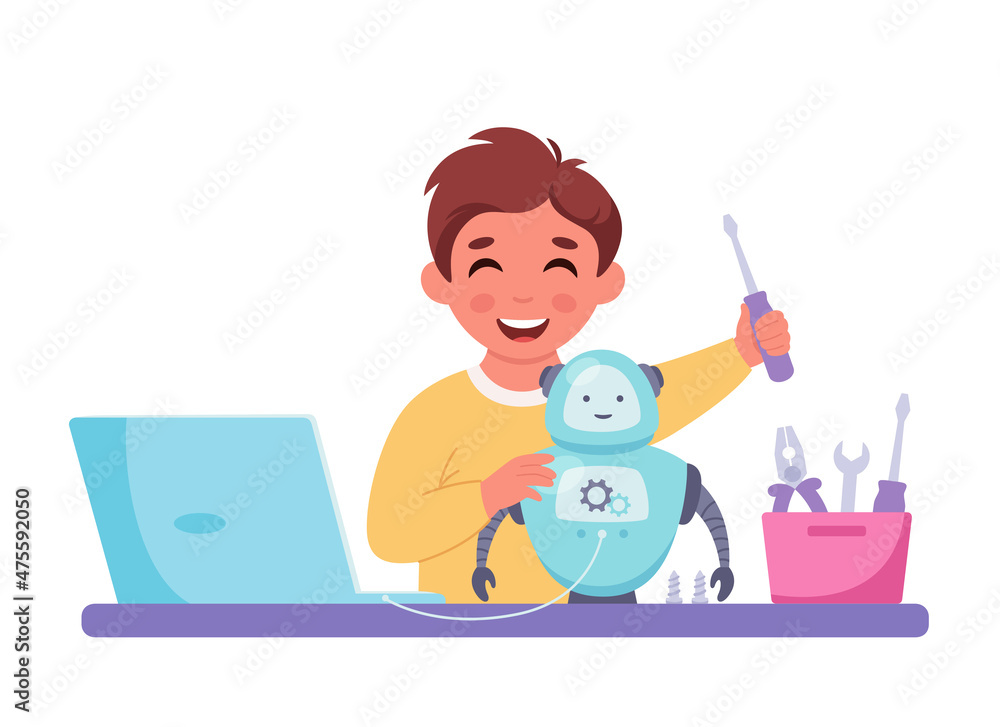 Little boy creating a robot. Robotics, programming and engineering for kids. Vector illustration Little boy creating a robot. Robotics, programming and engineering for kids. Vector illustration