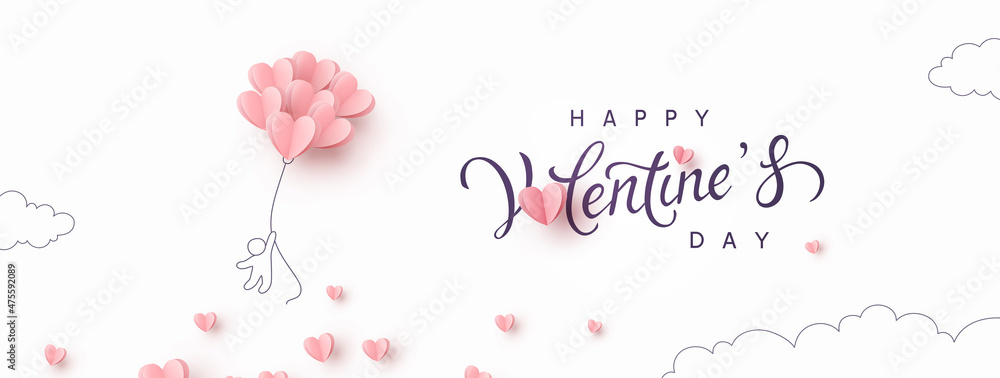 Valentine's Day postcard with flying man and pink balloons on white background. Romantic poster. Vector paper symbols of love in shape of heart for greeting card design