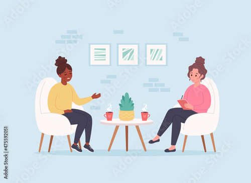 Woman talking with psychologist. Psychology therapy, mental health, depression. Vector illustration