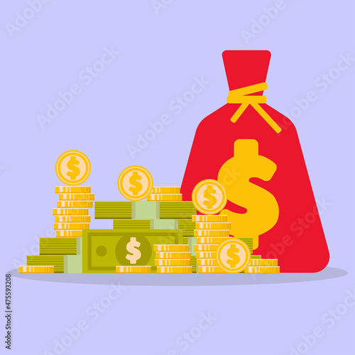 A bag of money with a dollar sign on it. Dollar bills. Cash, a bunch of coins. A bag of money, a lot of money, bundles of dollars. Flat vector illustration.
