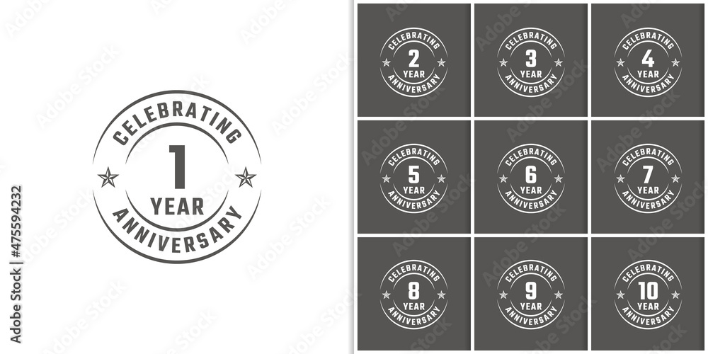 Set of Year Anniversary Celebration Emblem Badge with Gray Color for Celebration Event, Wedding, Greeting card, and Invitation Isolated on White Background Set of Year Anniversary Celebration Emblem Badge with Gray Color for Celebration Event, Wedding, Greeting card, and Invitation Isolated on White Background