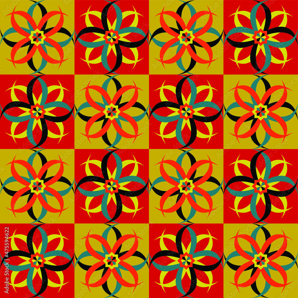 Vector graphics - a beautiful seamless tile ornament with floral geometric motifs of trendy warm colors. Concept textiles or packaging paper Vector graphics - a beautiful seamless tile ornament with floral geometric motifs of trendy warm colors. Concept textiles or packaging paper