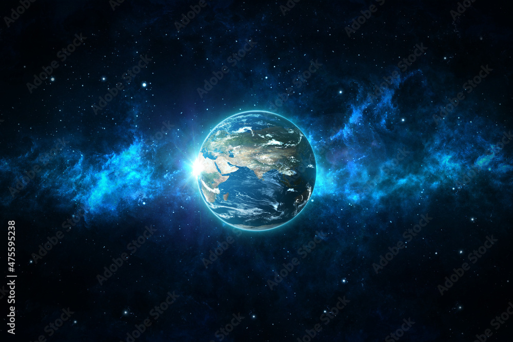 Fototapeta premium Panoramic views of the Earth, sun, stars and the galaxy. Sunrise over the planet Earth, view from space. View from the side of China.