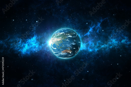Panoramic views of the Earth, sun, star and galaxy. Sunrise over the planet Earth, view from space. View from the side of Australia and Japan. 