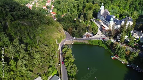 View of the Hunguest Hotel Palota and Hámori Lake in the village of Lillafüred. Drone Video. Hungary. Europe photo