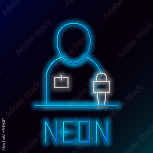 Glowing neon line Journalist news reporter with microphone icon isolated on black background. Colorful outline concept. Vector