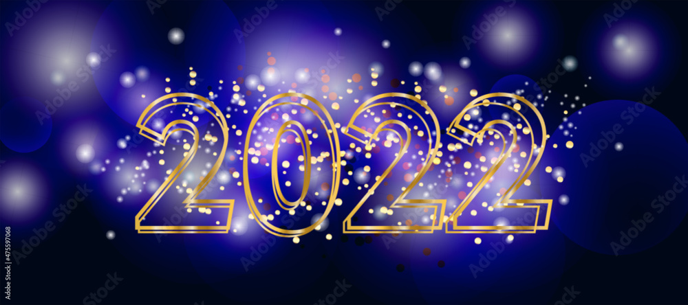 2022 New Year. 2022 Happy New Year greeting card or banner. 2022 Happy New Year background with golden confetti and many light effects and luminous points.