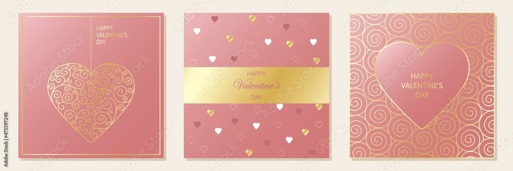 Happy Valentine's Day. Set of greeting cards. Pink square background with hearts and gold ornaments.