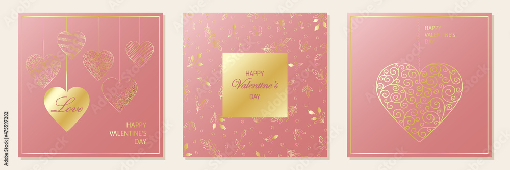 Happy Valentine's Day. Set of greeting cards. Pink square background with hearts and gold floral ornament.