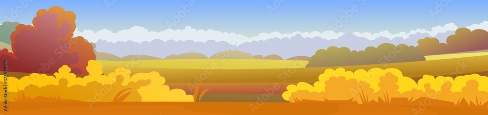 Beautiful autumn rural landscape. Rustic wildlife. Village is pasture and vegetable garden. Harvest time of year. Yellow and orange scene. Horizontal illustration. Trees and bushes. Vector
