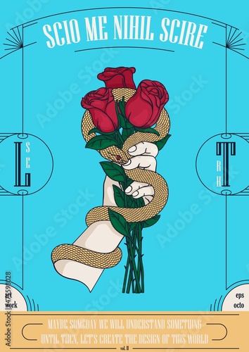 Hand holds a bouquet of roses among which a snake. Mystical retro card. Symbol of deception and danger. Ready design elements for print, tattoo, t-shirt, web or other concepts. Vector template