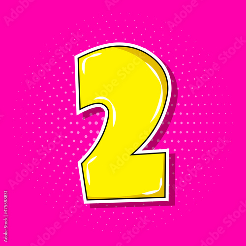 Pop art yellow number 2 over pink dotted background.