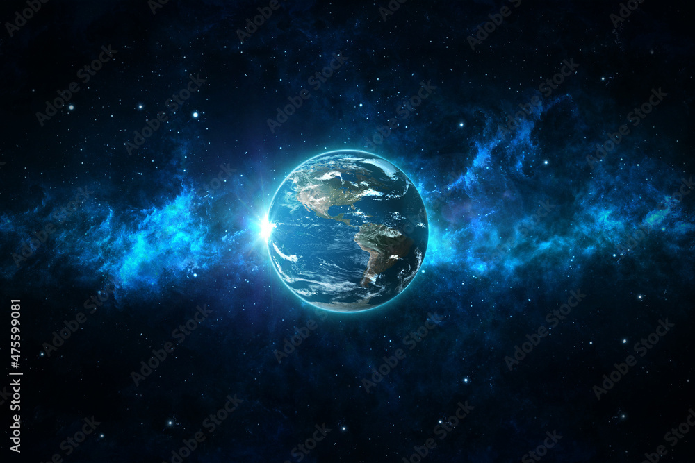 Obraz premium Panoramic view of the Earth, the Sun, the stars and the galaxy. Sunrise over the planet Earth, view from space. View from the United States side.