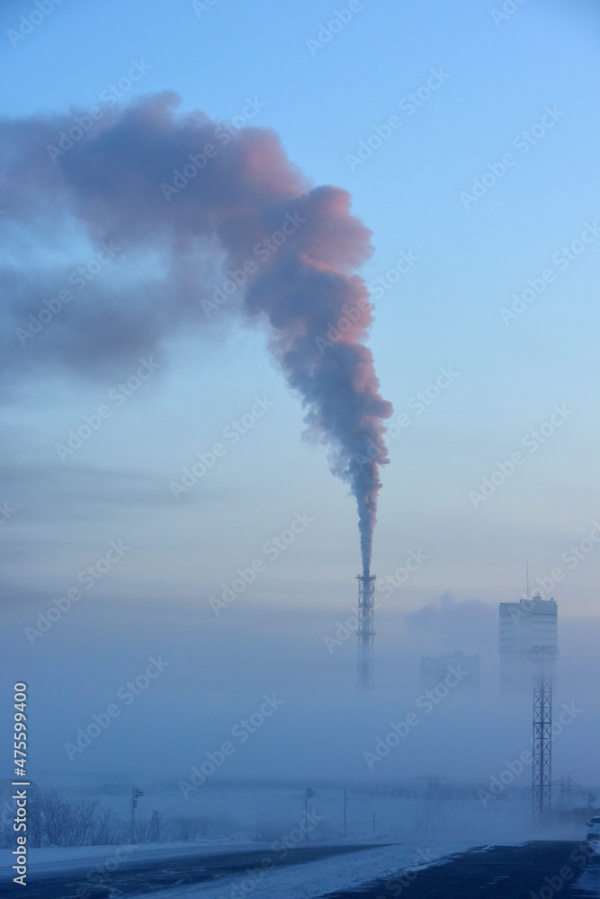 Pipe and smoke, mines of Vorkuta in winter Pipe and smoke, mines of Vorkuta in winter