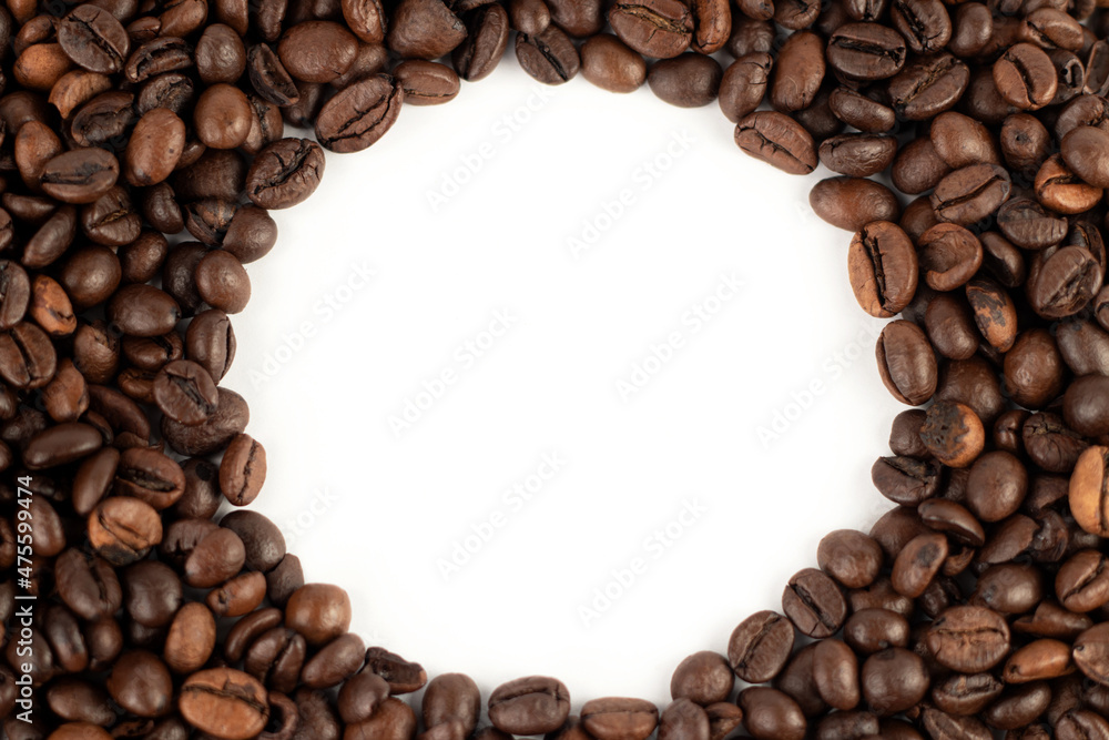 Coffee beans forming circle shape. Top view, close up, place for text. Coffee beans forming circle shape. Top view, close up, place for text.