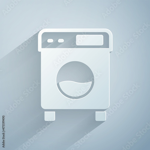 Paper cut Washer icon isolated on grey background. Washing machine icon. Clothes washer - laundry machine. Home appliance symbol. Paper art style. Vector